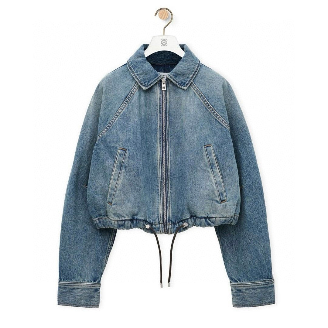 Loewe Women's Spring/Fall High-Street Lapel Zipper Drawstring Solid-Color Denim Jacket #81716