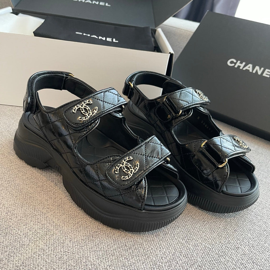 Chanel Sandals Shiny Calfskin Black White #376185