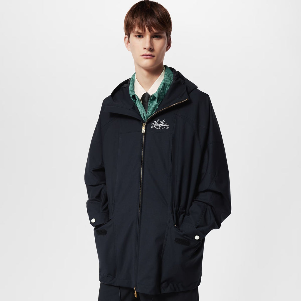 Louis Vuitton Men's Solid Logo Embroidered Hooded Zipper Blue Long Sleeve Fitted Parker Jacket Coat #71458