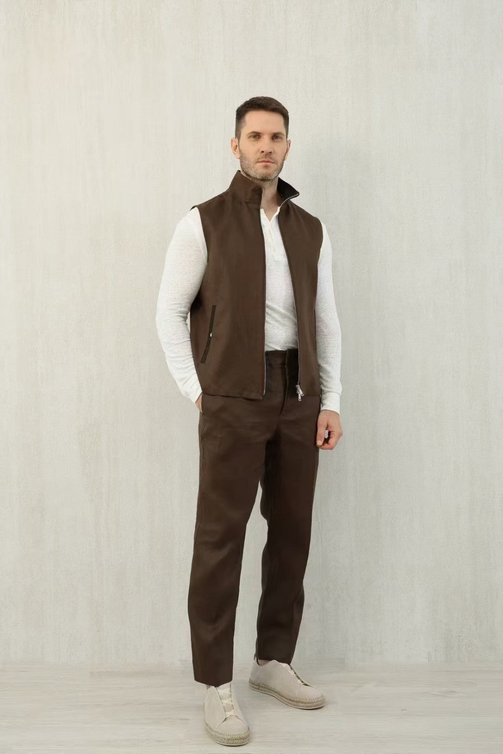 Ermenegildo Zegna Men's Spring And Autumn Solid Color Standing Collar Zipper Fit Sleeveless Vest Jacket Ngvp #1168