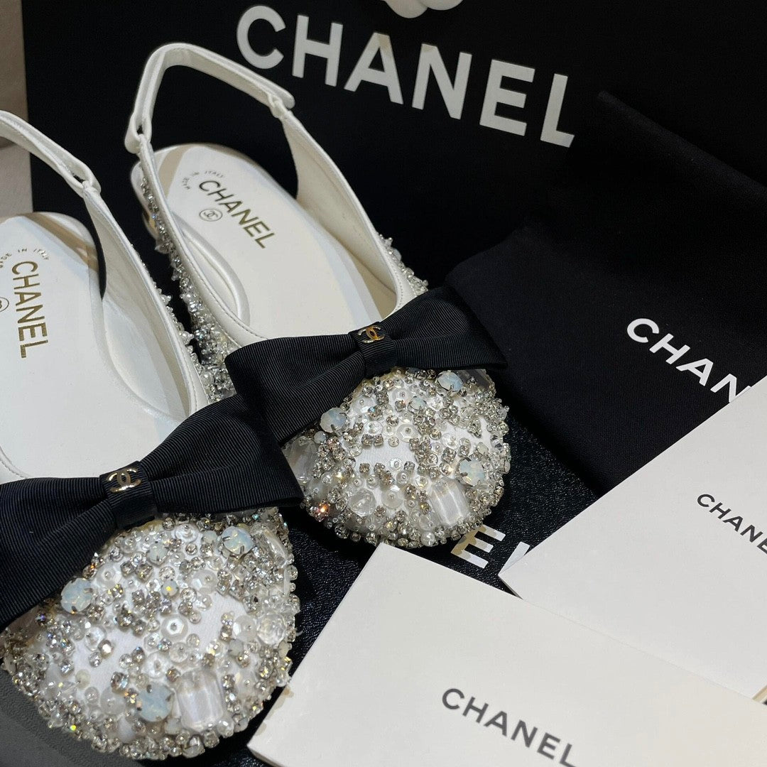 Chanel Women's Classic Fashion Spring Summer And Fall Bow Round Toe Diamond Mary Jane Shoes Slip-on Open Back Shoes #78228
