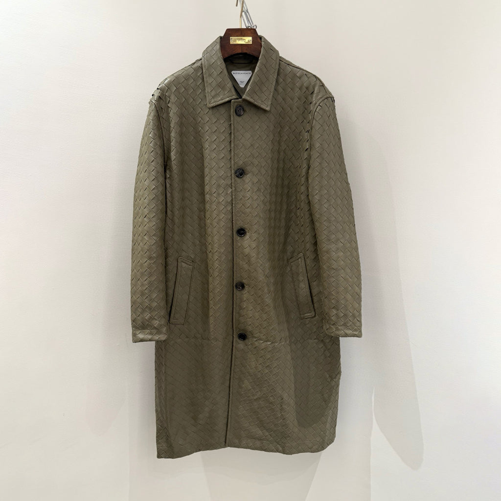 Bottega Veneta Men's And Women's  Spring/Fall Fashion Casual Leather Hand Woven Collar Single Breasted Mid-Length Trench Coat Jacket #78931