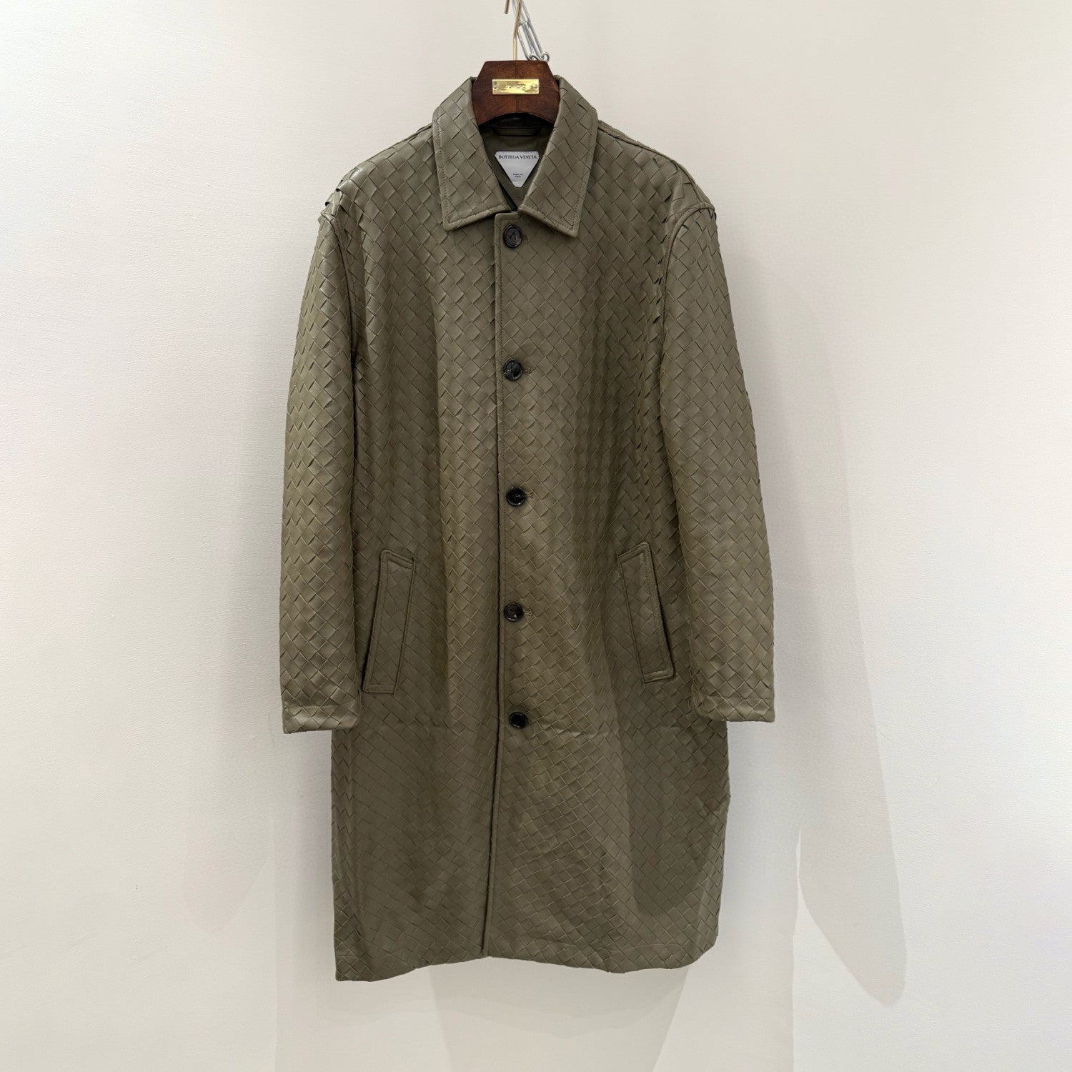 Bottega Veneta Men's And Women's  Spring/Fall Fashion Casual Leather Hand Woven Collar Single Breasted Mid-Length Trench Coat Jacket #78931