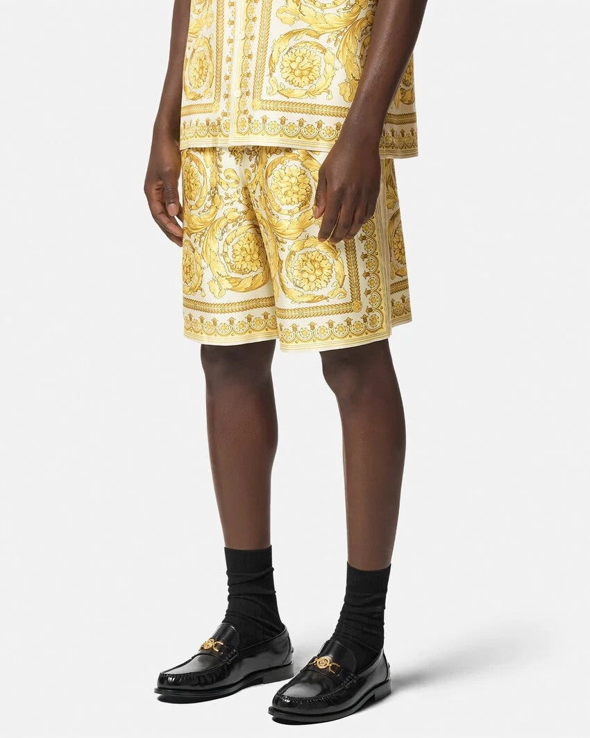 Versace Men's Summer Solid Color Single Breasted Lapel Short Sleeve BAROCCO Silk Shirt Casual Elastic Shorts Ngvp #8287