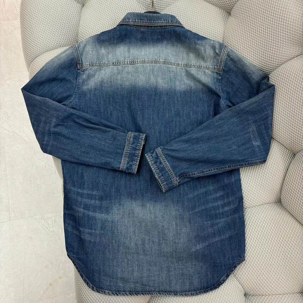 Louis Vuitton Men's Spring And Fall Cotton Logo Rivets Embellished Single-Breasted Slim Long-Sleeved Blue Denim Shirt #71621