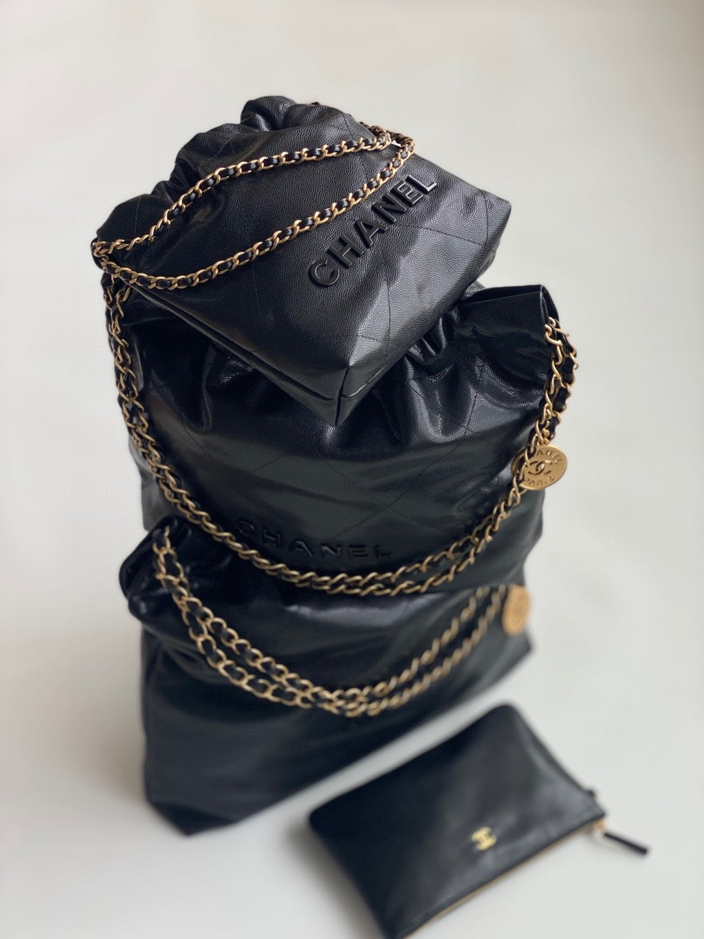Chanel Men's And Women's Black Logo Drawstring Closure Chain Shoulder Strap Glossy Calfskin Shoulder Crossbody Bag Bags #77116