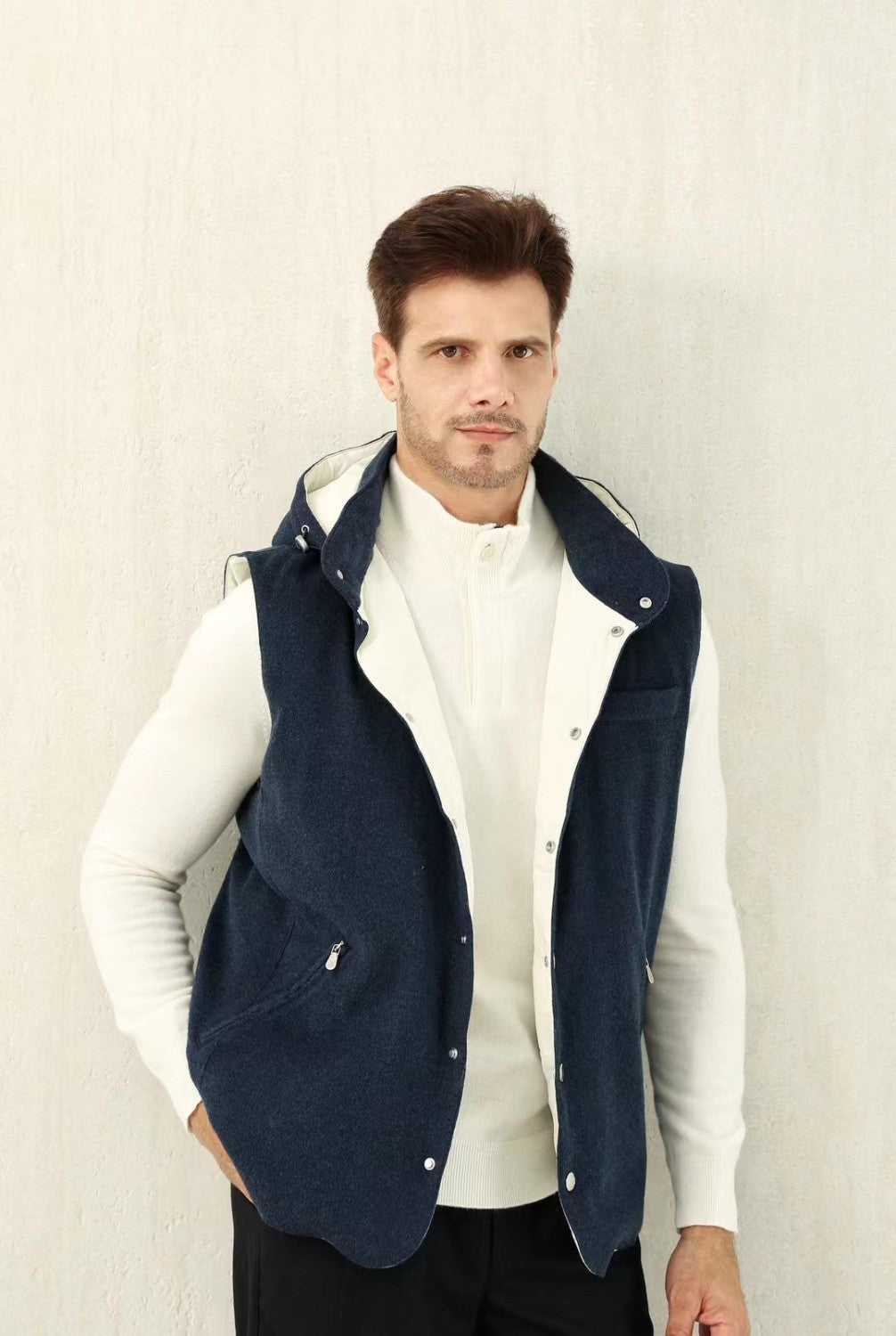 Brunello Cucinelli Men's Spring/Autumn Detachable Hooded Solid Color Single-Breasted Bonded Wool Flannel Down Vest Ngvp #2293