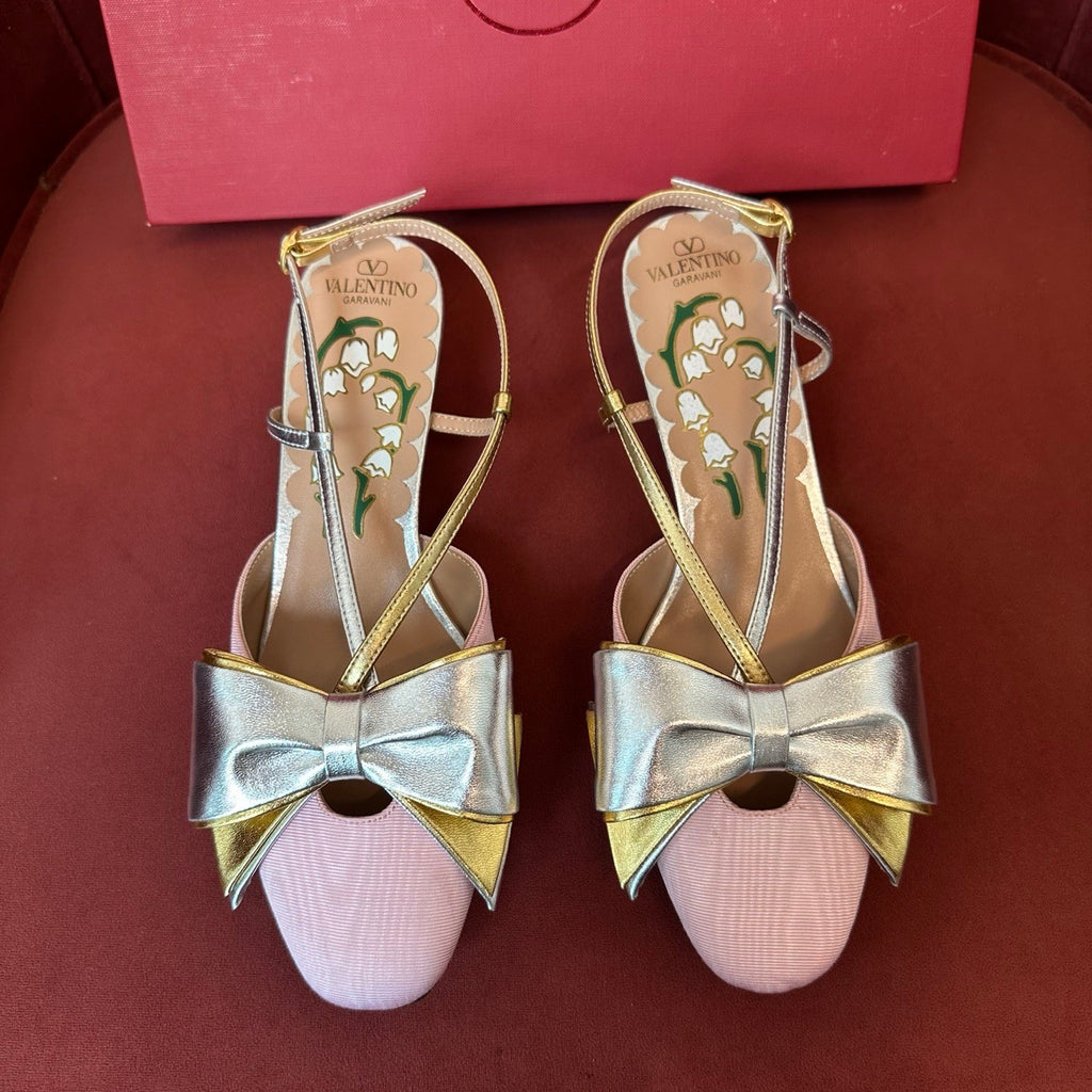Valentino Bowow Women's Summer Round Toe Buckle Bow Shaped Chunky Heel 4.5cm High Heels Shoes #76981