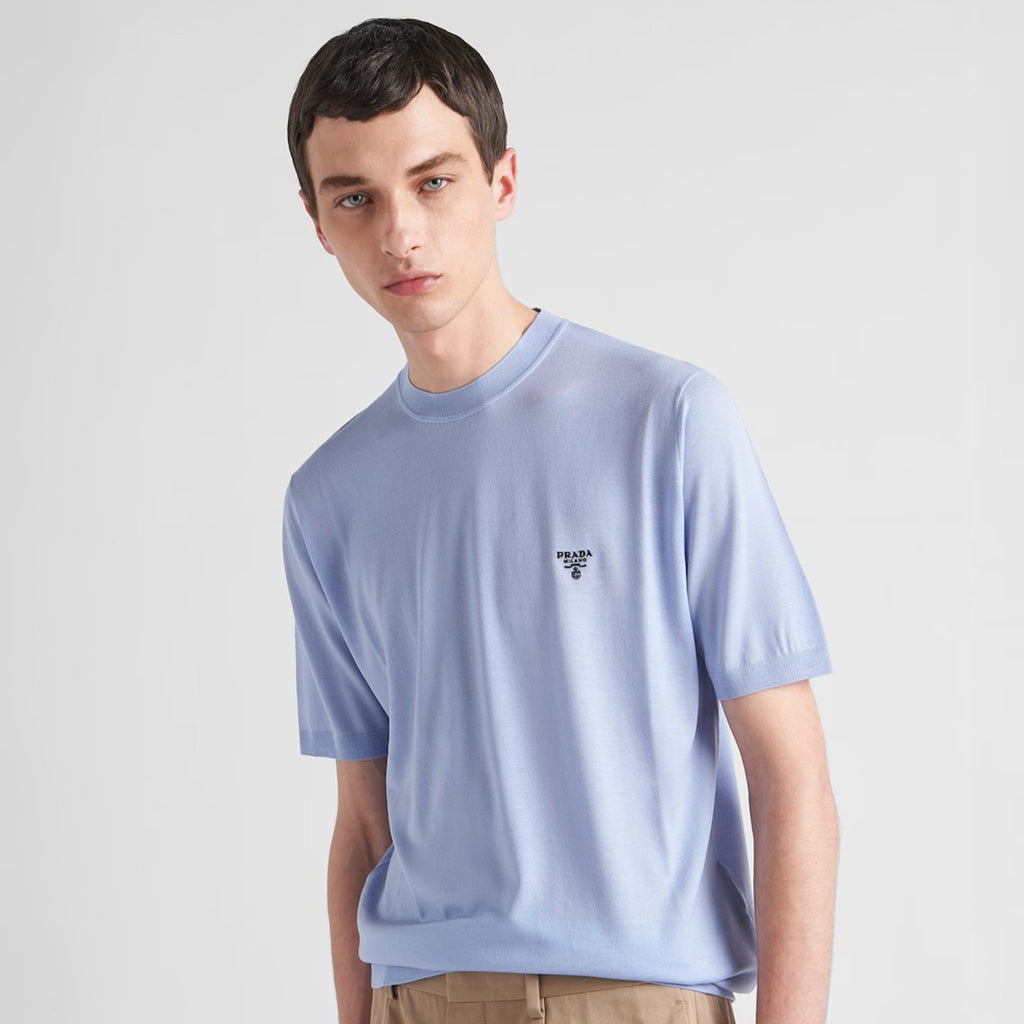Prada Men's Spring/Summer Solid Color Logo Embroidery Superfine Wool Crew Neck Short Sleeve Sweater #98319