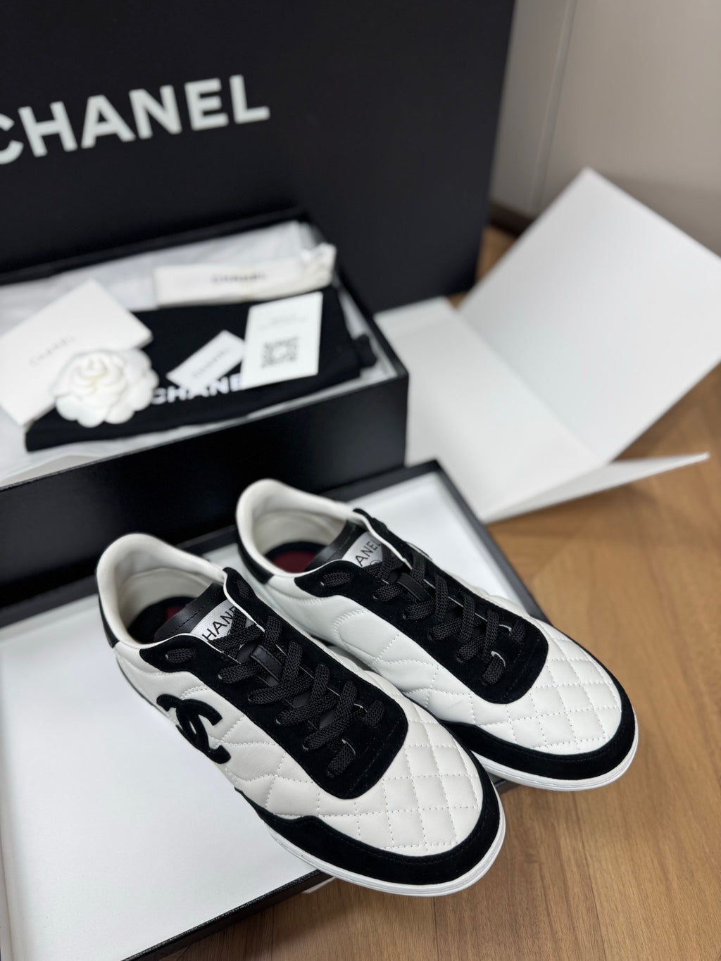CHANEL Sneakers Calfskin Suede Kidskin White Black #378783