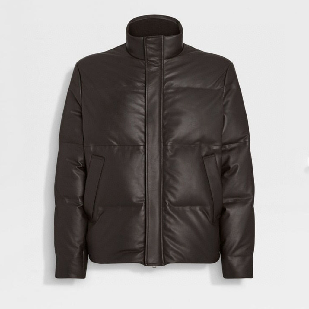 Ermenegildo Zegna Men's Fall And Winter Leather Down Zipper Stand-up Collar Jacket Temperament Casual Fashion Warm Jacket Ngvp #2644