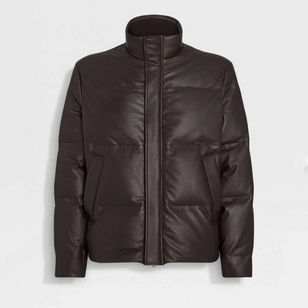 Ermenegildo Zegna Men's Fall And Winter Leather Down Zipper Stand-up Collar Jacket Temperament Casual Fashion Warm Jacket Ngvp #2644