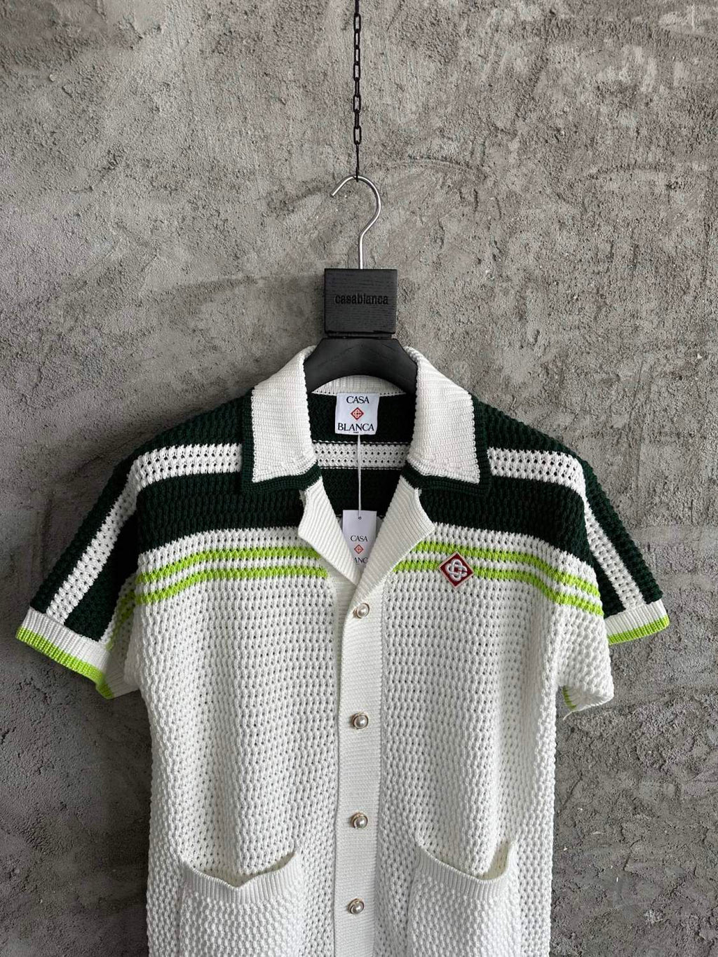 Casablanca Men's Summer Solid Color Skeleton Knit Breathable Single Breasted Short Sleeved Shirt Drawstring Tie Casual Knit Shorts Suit Set #76526