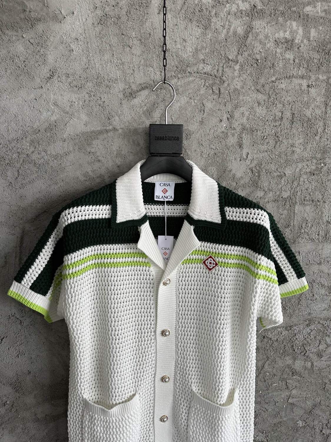 Casablanca Men's Summer Solid Color Skeleton Knit Breathable Single Breasted Short Sleeved Shirt Drawstring Tie Casual Knit Shorts Suit Set #76526