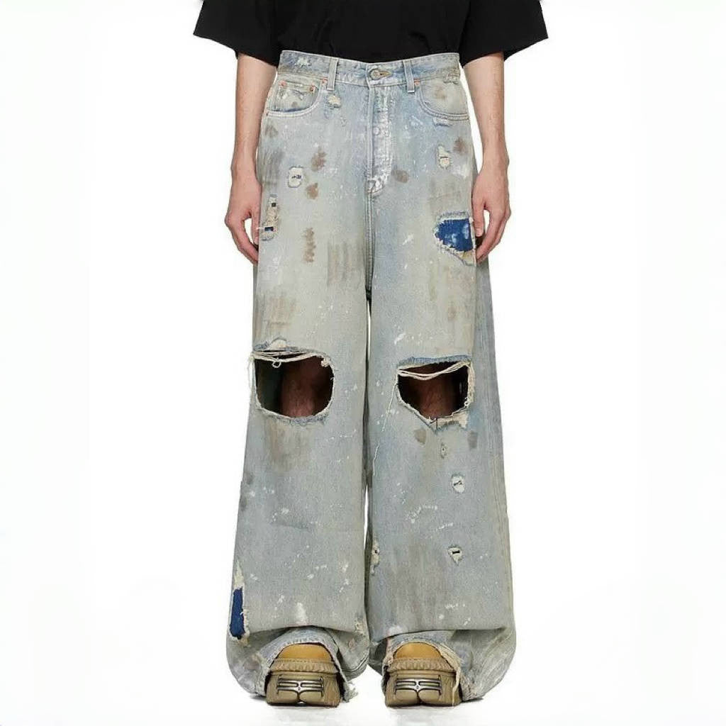 Vetements Men's Four Season Mid Rise Solid Color Distressed Holes Jeans Casual Cotton Loose Wide Leg Pants Ngvp #1211