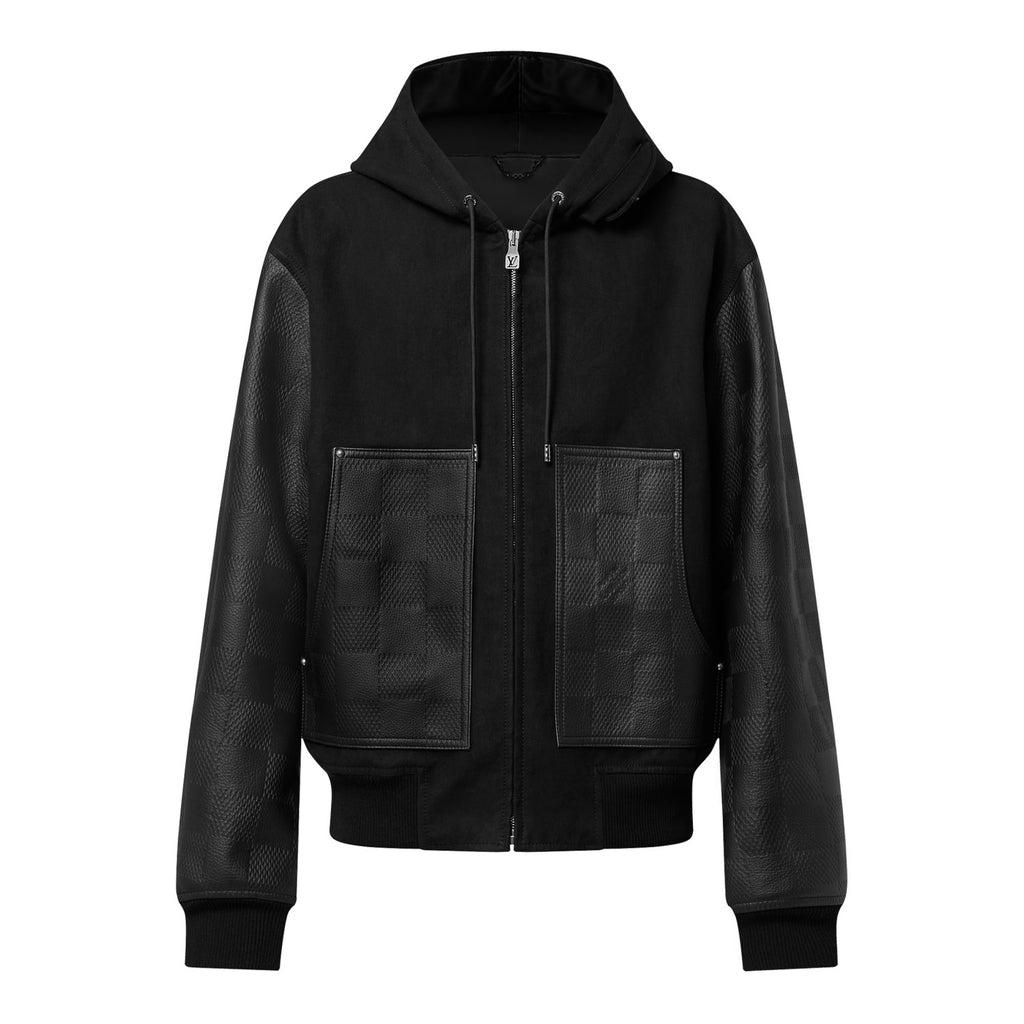 Louis Vuitton Men's Fall And Winter Black Suede Patchwork Hooded Drawstring Zipper Long Sleeve Jacket #73125