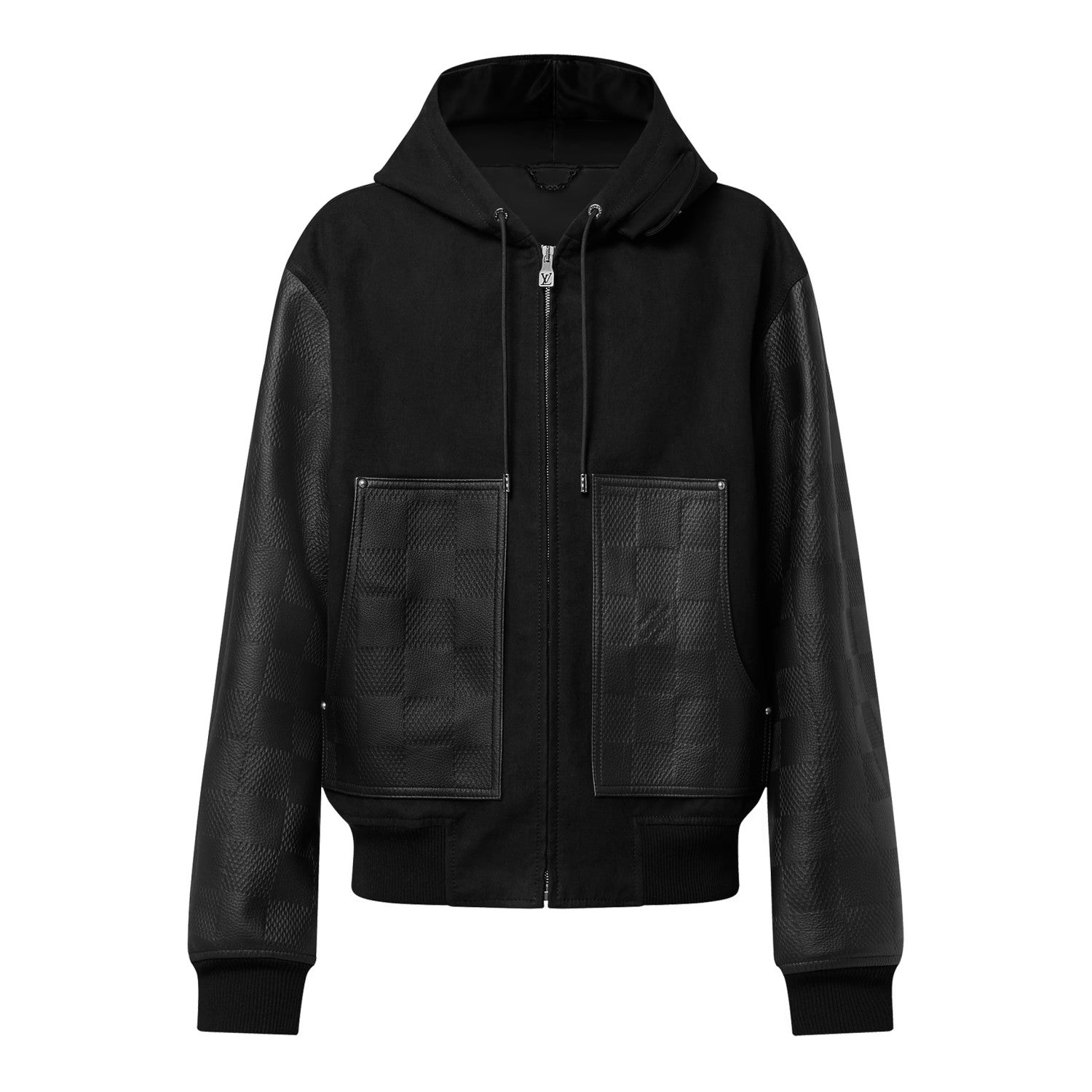 Louis Vuitton Men's Fall And Winter Black Suede Patchwork Hooded Drawstring Zipper Long Sleeve Jacket #73125