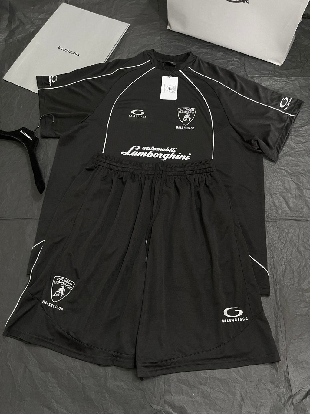 Balenciaga I Automobili Lamborghini Oversized Soccer Men's Summer Short Sleeved T-shirt In Black Mesh Jersey Casual Shorts Set Suit #77457