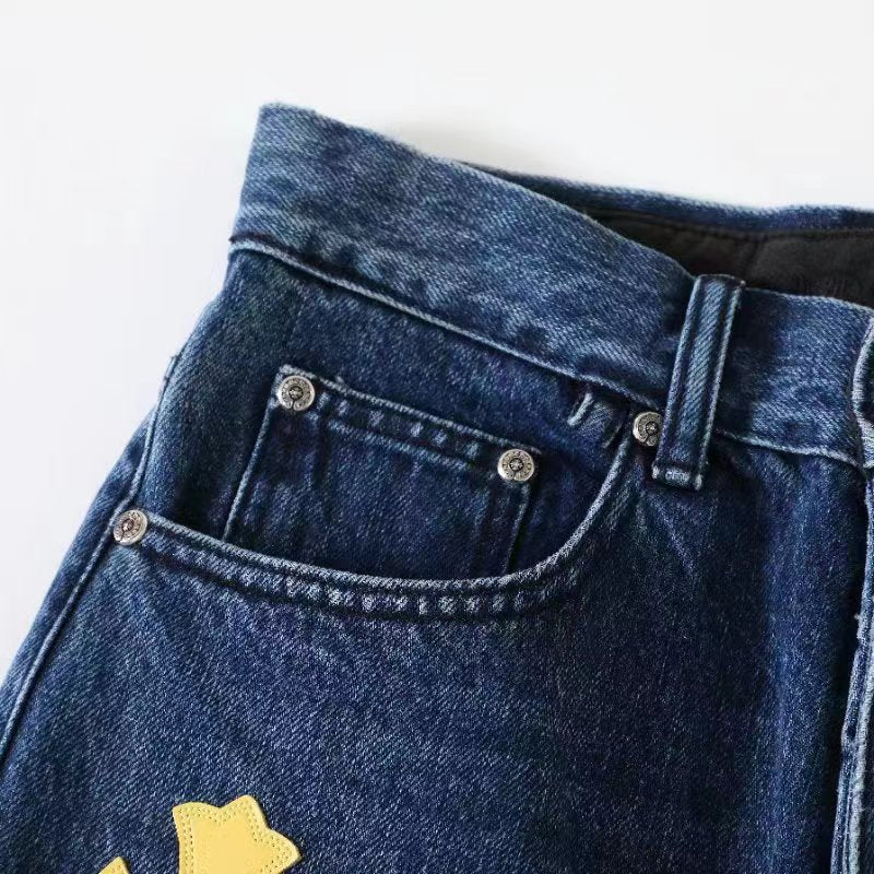 Chrome Hearts Men's and Women's Spring and Fall Cross Calfskin Labeled Blue Jeans Pants #76119