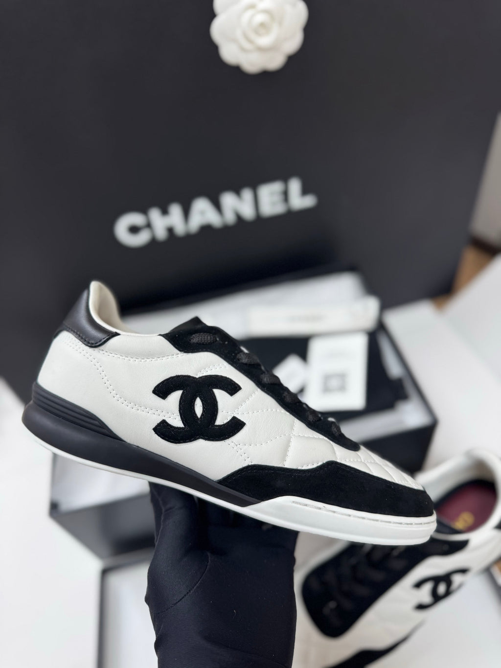 CHANEL Sneakers Calfskin Suede Kidskin White Black #378783