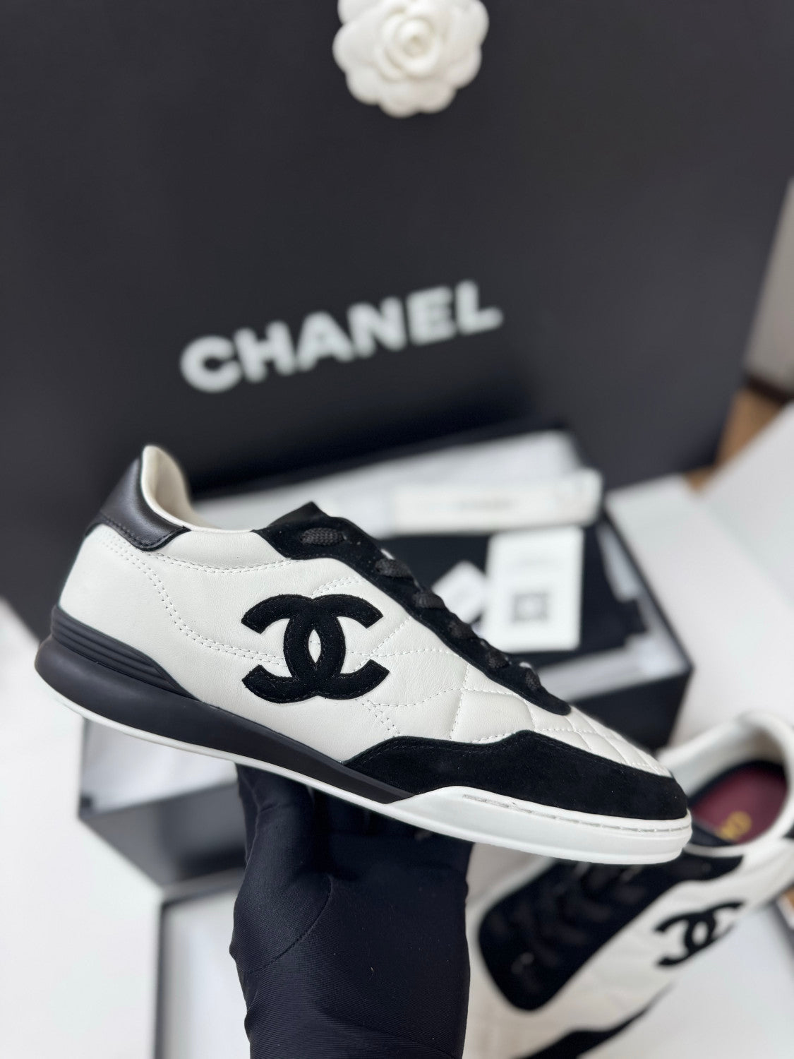CHANEL Sneakers Calfskin Suede Kidskin White Black #378783