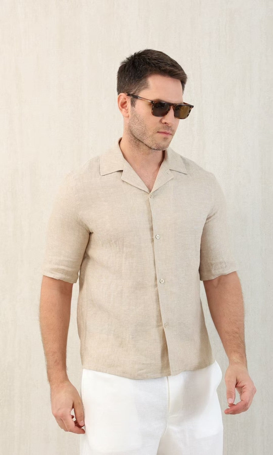 Brunello Cucinelli Men's Linen Loose Summer Single-Breasted Solid Color Lapel Short Sleeve Shirt Ngvp #1454