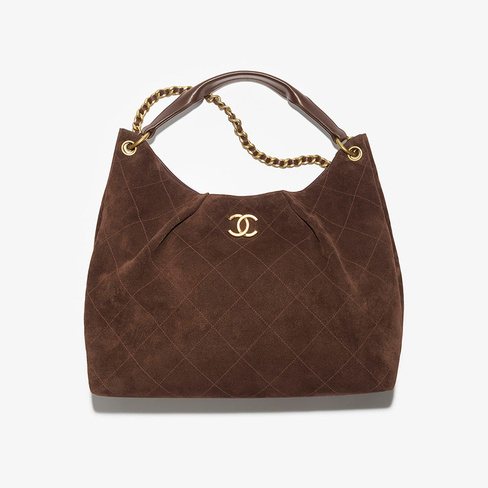 Chanel Maxi Hobo Bag Suede Calfskin Lambskin Gold-tone Metal Dark Brown #336664