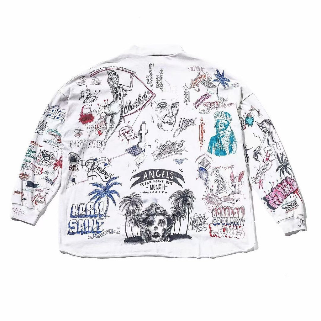 Saint Michael Men's And Women's Spring And Summer Graffiti Retro Hot Diamond Print Loose Casual Long Sleeved Hoodie Top Ngvp #8384
