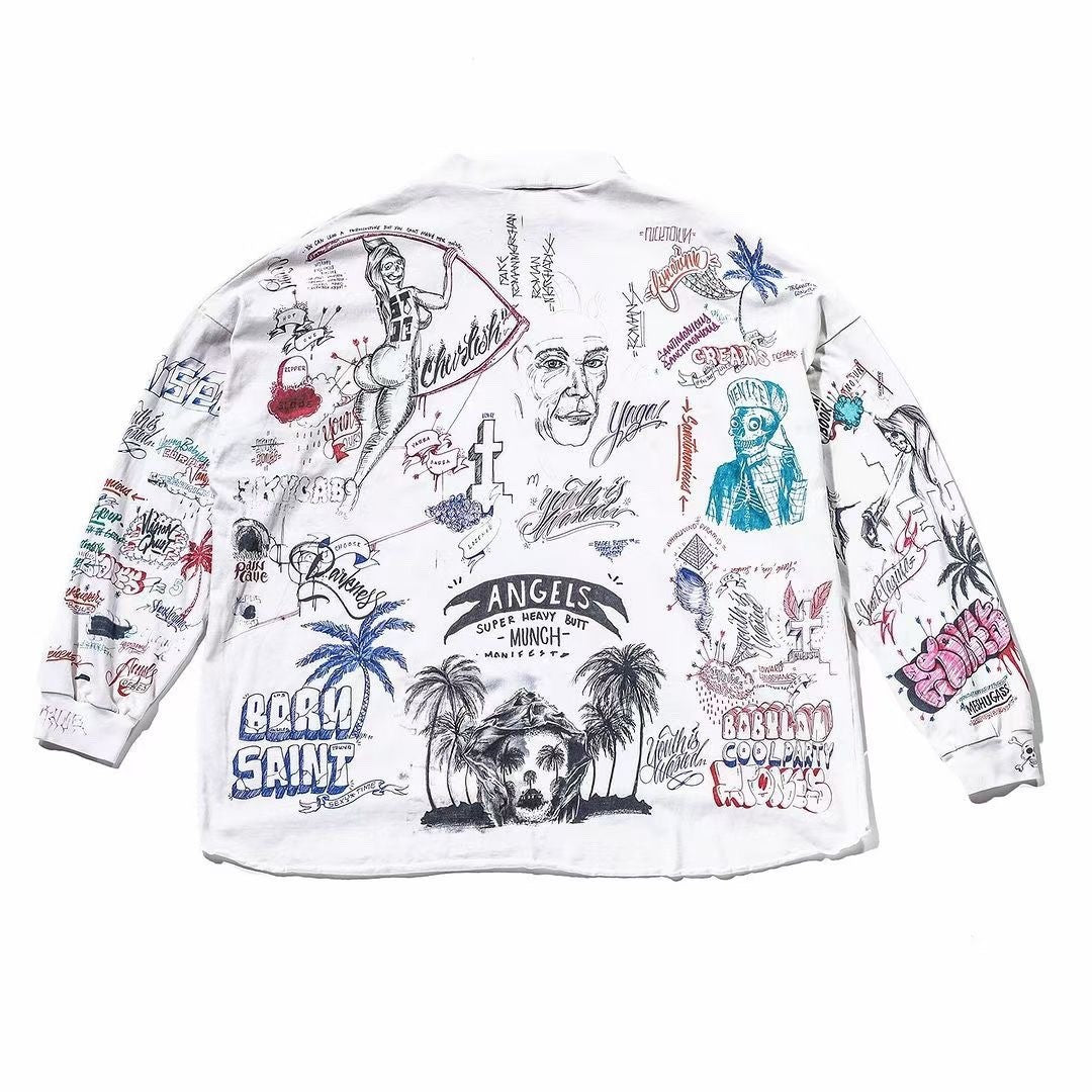 Saint Michael Men's And Women's Spring And Summer Graffiti Retro Hot Diamond Print Loose Casual Long Sleeved Hoodie Top Ngvp #8384