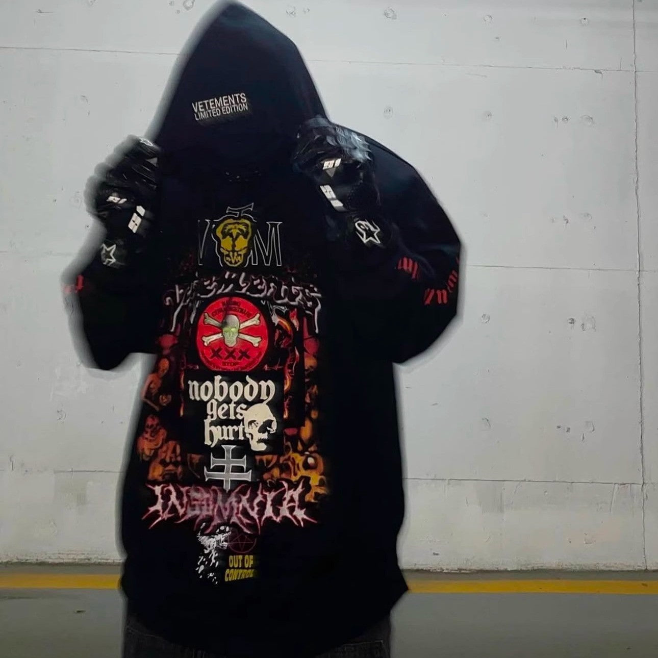 Vetements Men's Fall And Winter Black Skull Embroidery Hooded Sweatshirt Fashion Patch High Street Retro Long Sleeve Pullover Sweatshirt  Ngvp #2457