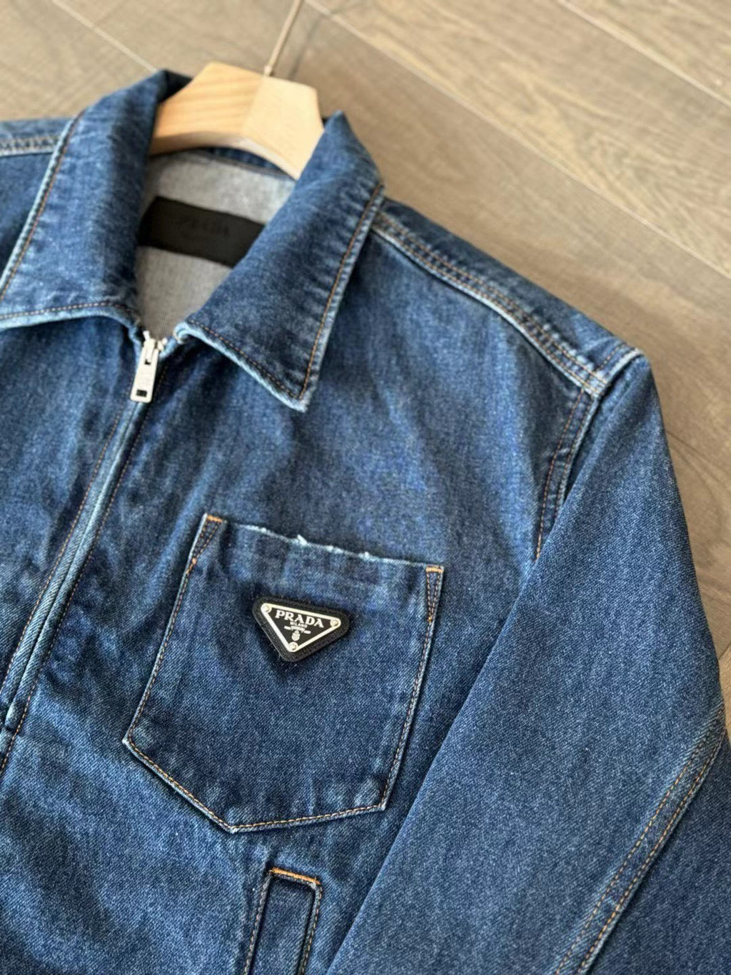 Prada Women's Spring/Fall Fashion Casual Zipper Collar Logo Triangle Emblem Denim Jacket #78971
