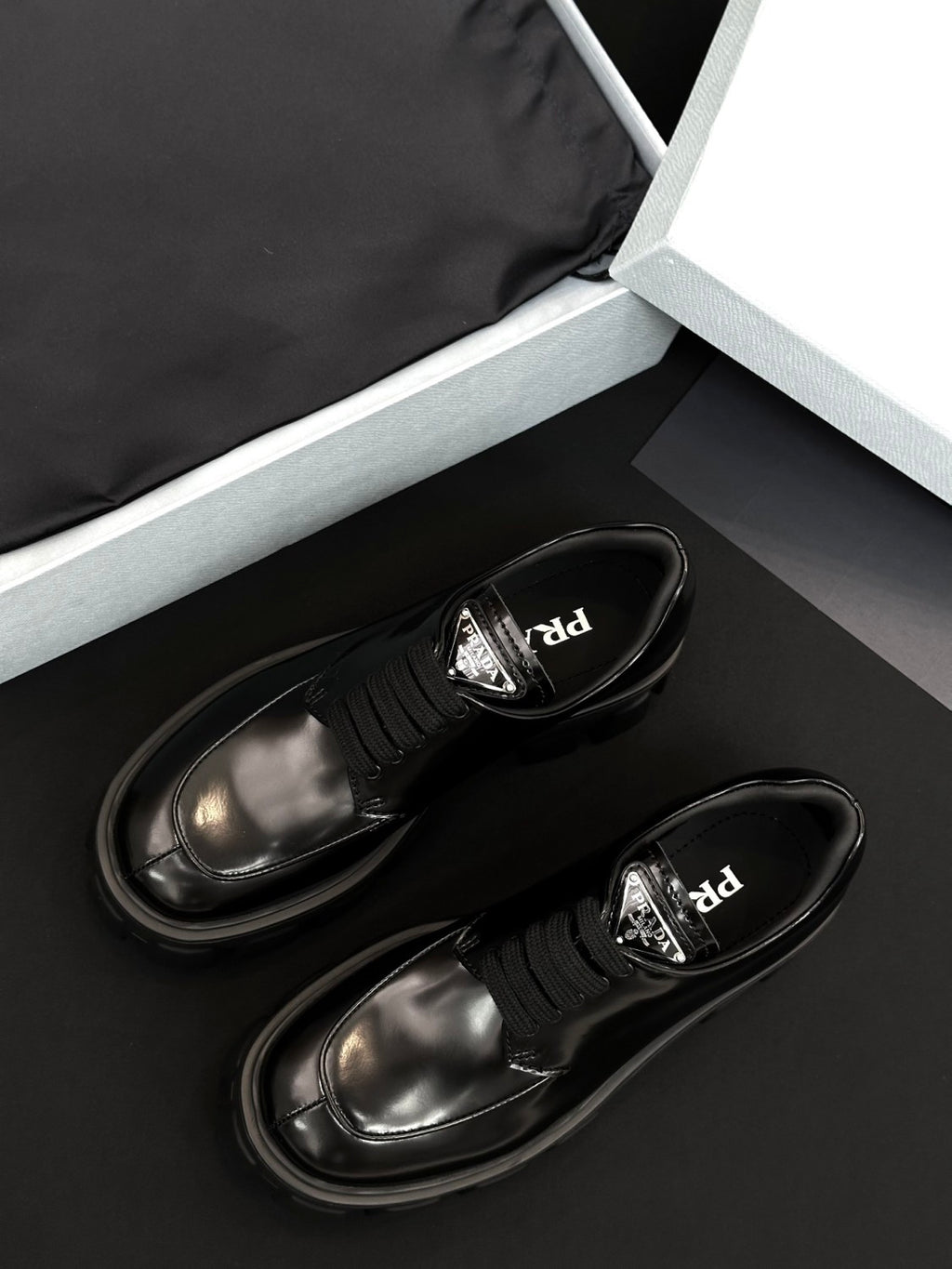 Prada Women's Spring/Fall Fashion Classic Round Toe Lace Up Slip On Triangle Logo Emblem Leather Chunky Sole Loafers Shoes #78529