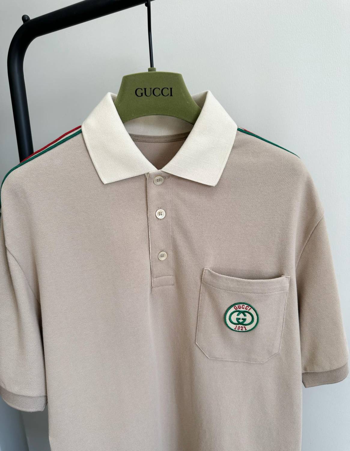 Gucci Men's Summer Khaki Striped Trim Cotton Polo Neck Short Sleeve T-Shirt #98683