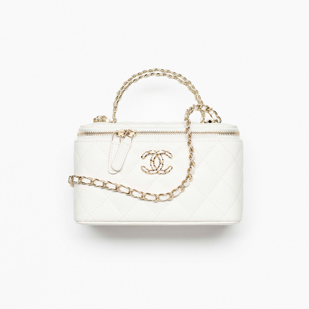 CHANEL Long Vanity With Chain Grained Shiny Calfskin Gold-tone Metal White #383847