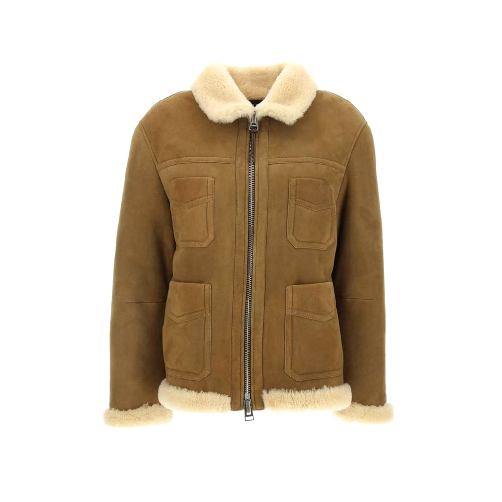 Tom Ford Men's and Women's  Winter Fashion Casual Lapel Zipper Classic Four-Pocket Leather and Fleece Hybrid Jacket #78814