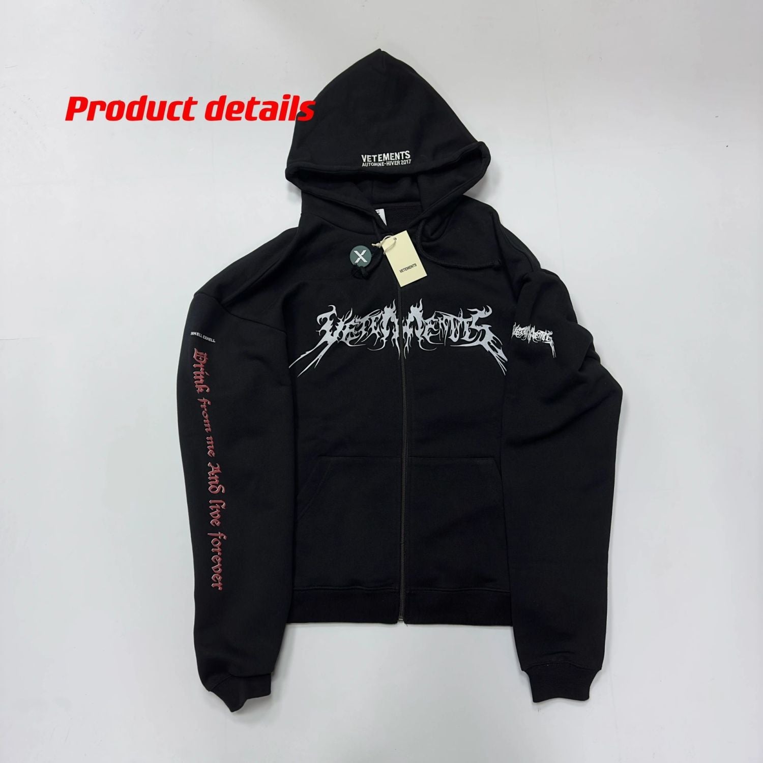Vetements Men's Fashion Letter Pentagram Embroidery Loose Zipper Black Long Sleeve Hoodie Ngvp #7772