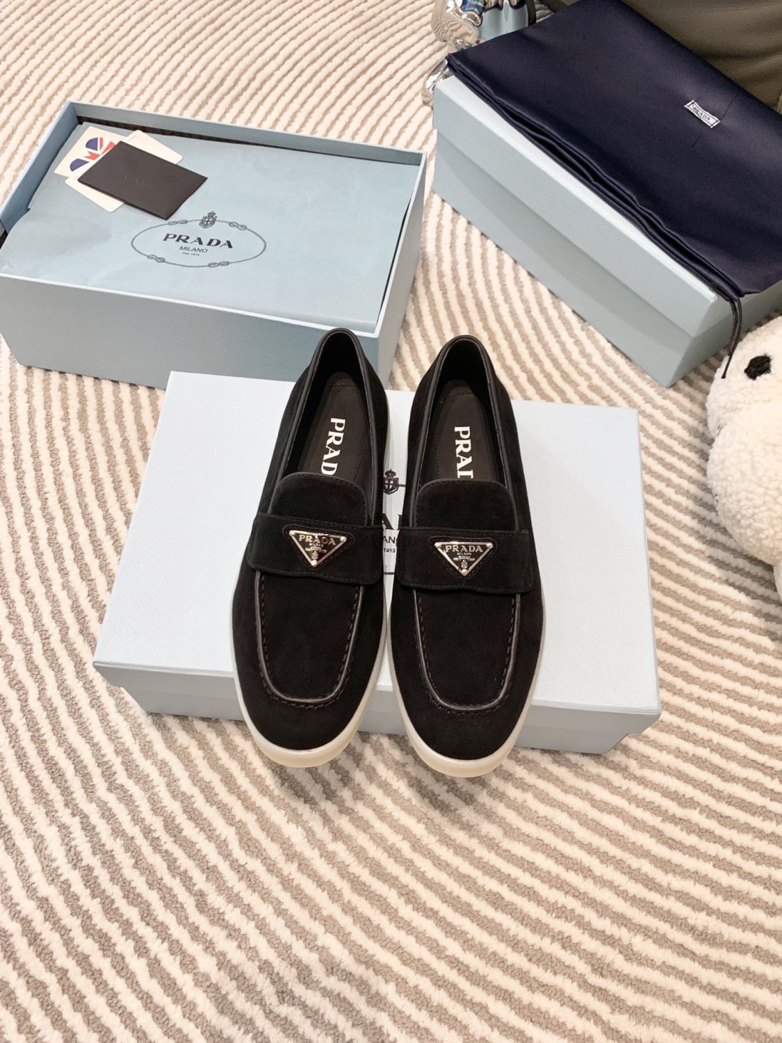 Prada Men's And Women's Spring/Summer Solid Color Fashionable Casual Round Toe Slip On Loafers In Cow Suede With Triangular Logo Shoes #78267