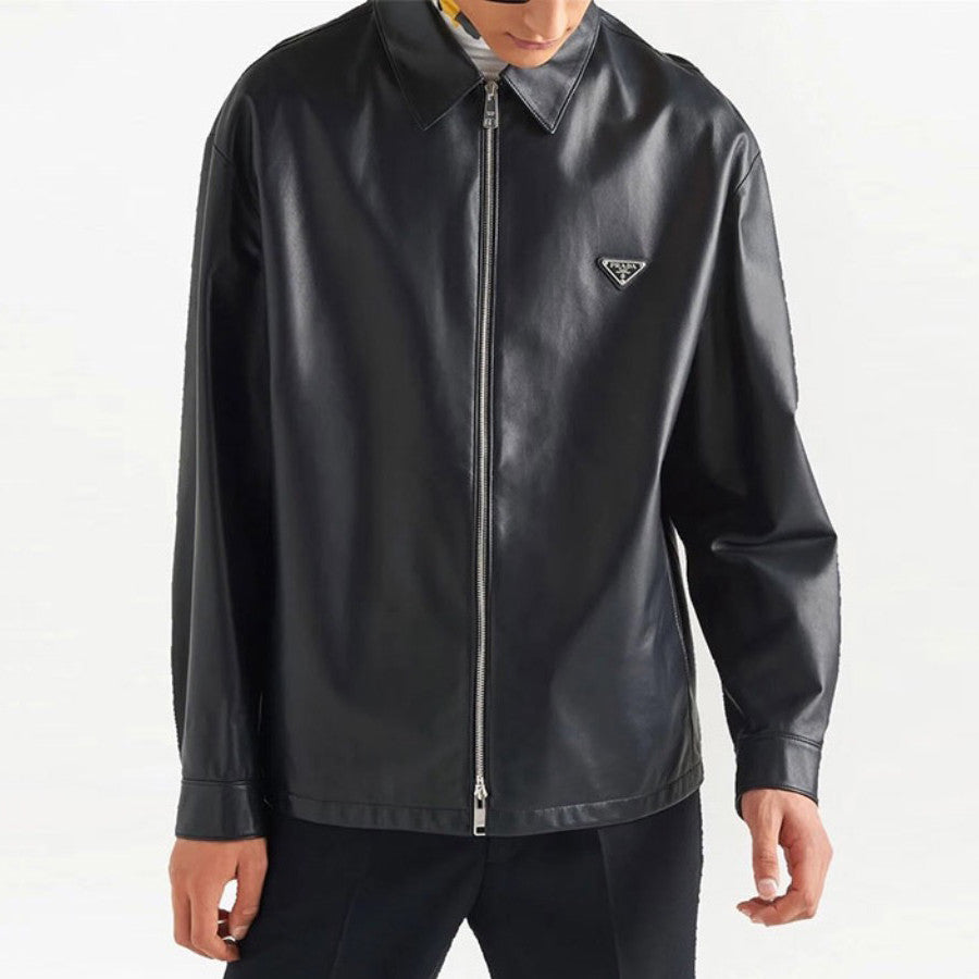 Prada Men's Fall And Winter Black Sheepskin Lapel Zipper Long Sleeved Jacket #98475