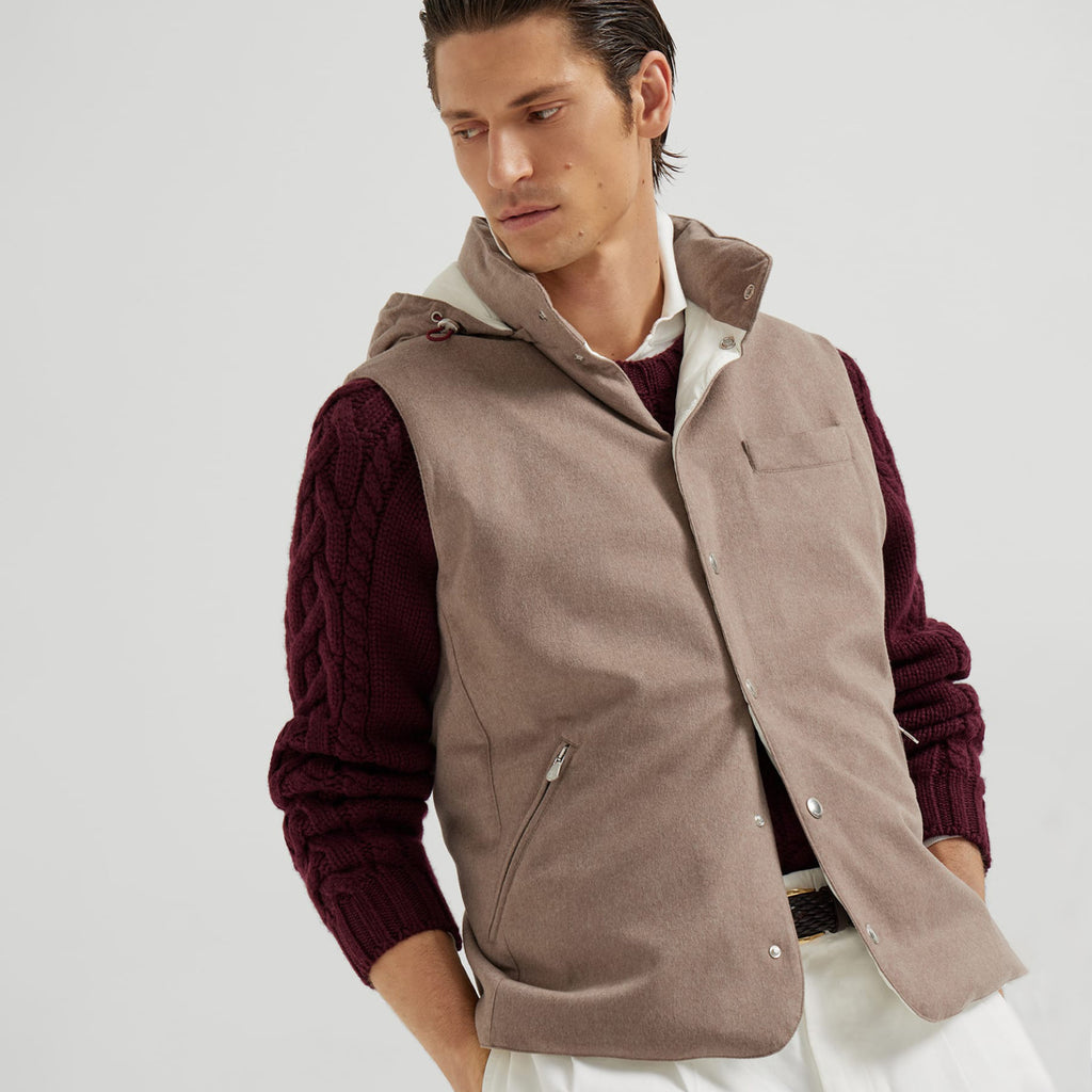 Brunello Cucinelli Men's Spring/Autumn Detachable Hooded Solid Color Single-Breasted Bonded Wool Flannel Down Vest Ngvp #2293