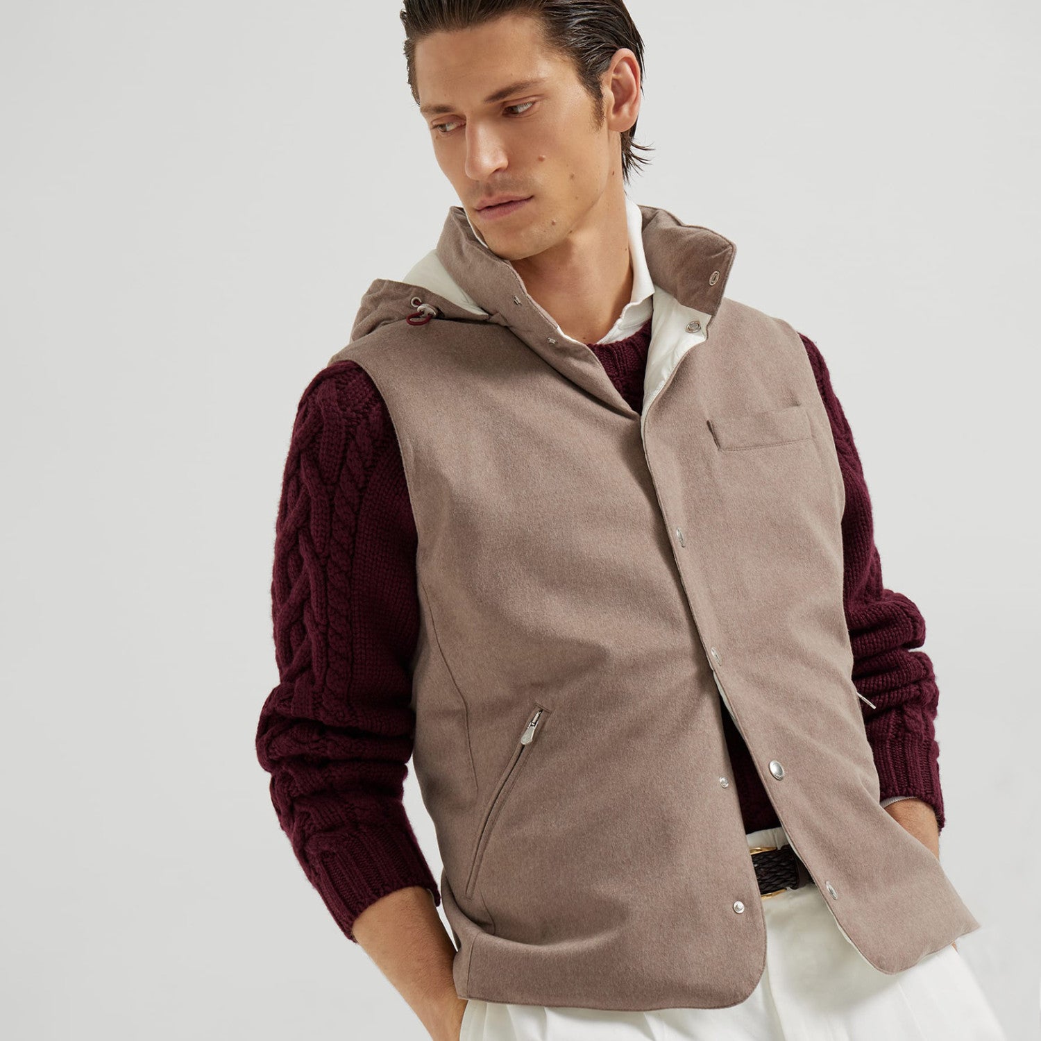 Brunello Cucinelli Men's Spring/Autumn Detachable Hooded Solid Color Single-Breasted Bonded Wool Flannel Down Vest Ngvp #2293