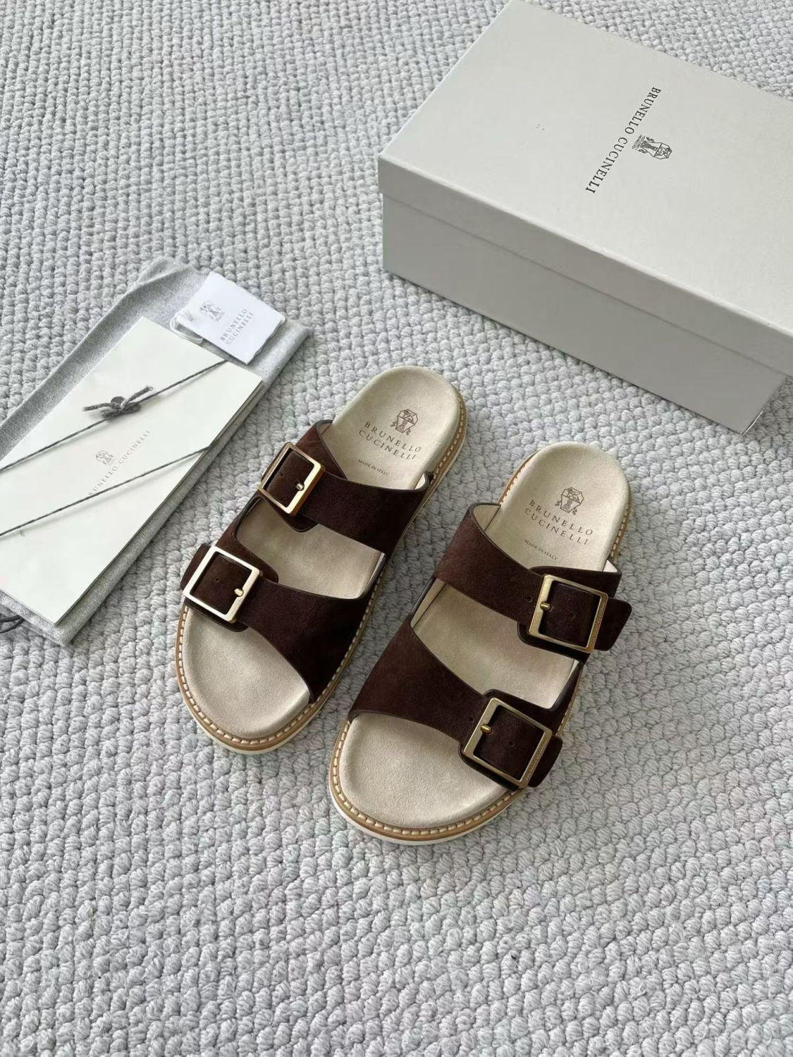 Brunello Cucinelli Suede slides with buckles for Man in Hazelnut