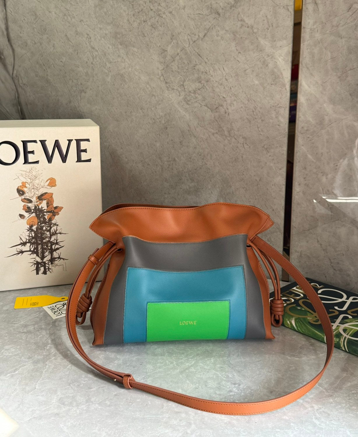 LOEWE Flamenco x Albers  Medium Nappa Leather Flamenco Clutch Caramel Bright Green Logo Classic Cowhide Colorblocked Clutch Bag #332361