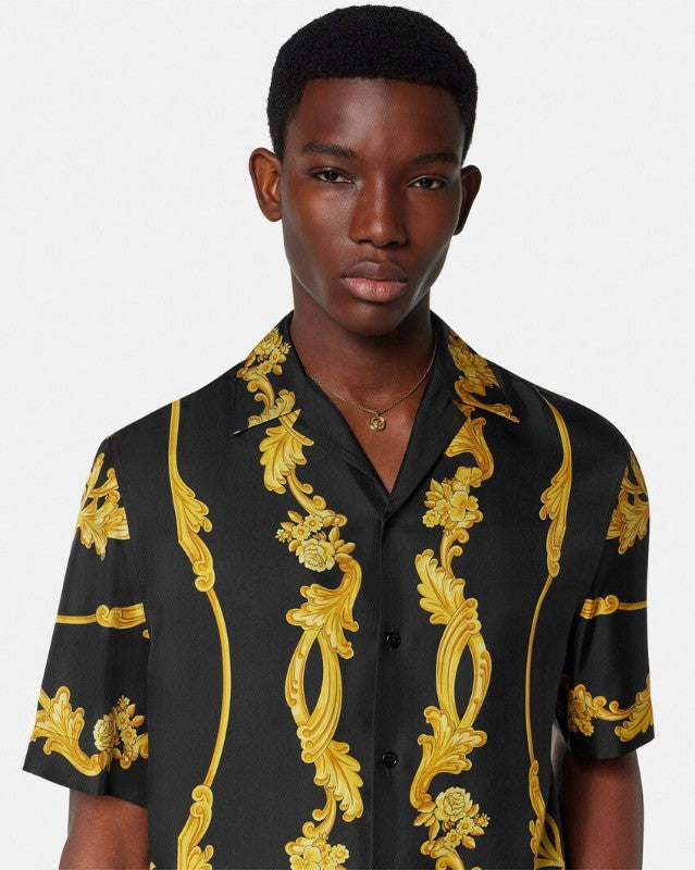 Versace Men's Medusa Cameo Printed Silk Luxury Black Gold Suit Fashion Spring Summer Trend Shirt Shorts Suit Set Ngvp #1728