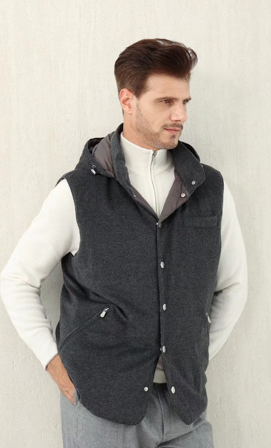 Brunello Cucinelli Men's Spring/Autumn Detachable Hooded Solid Color Single-Breasted Bonded Wool Flannel Down Vest Ngvp #2293