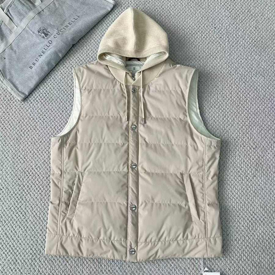 Brunello Cucinelli Men's Fall/Winter High-Street Color-Blocked Single-Breasted Solid Sleeveless Hooded Down Vest Ngvp #2321