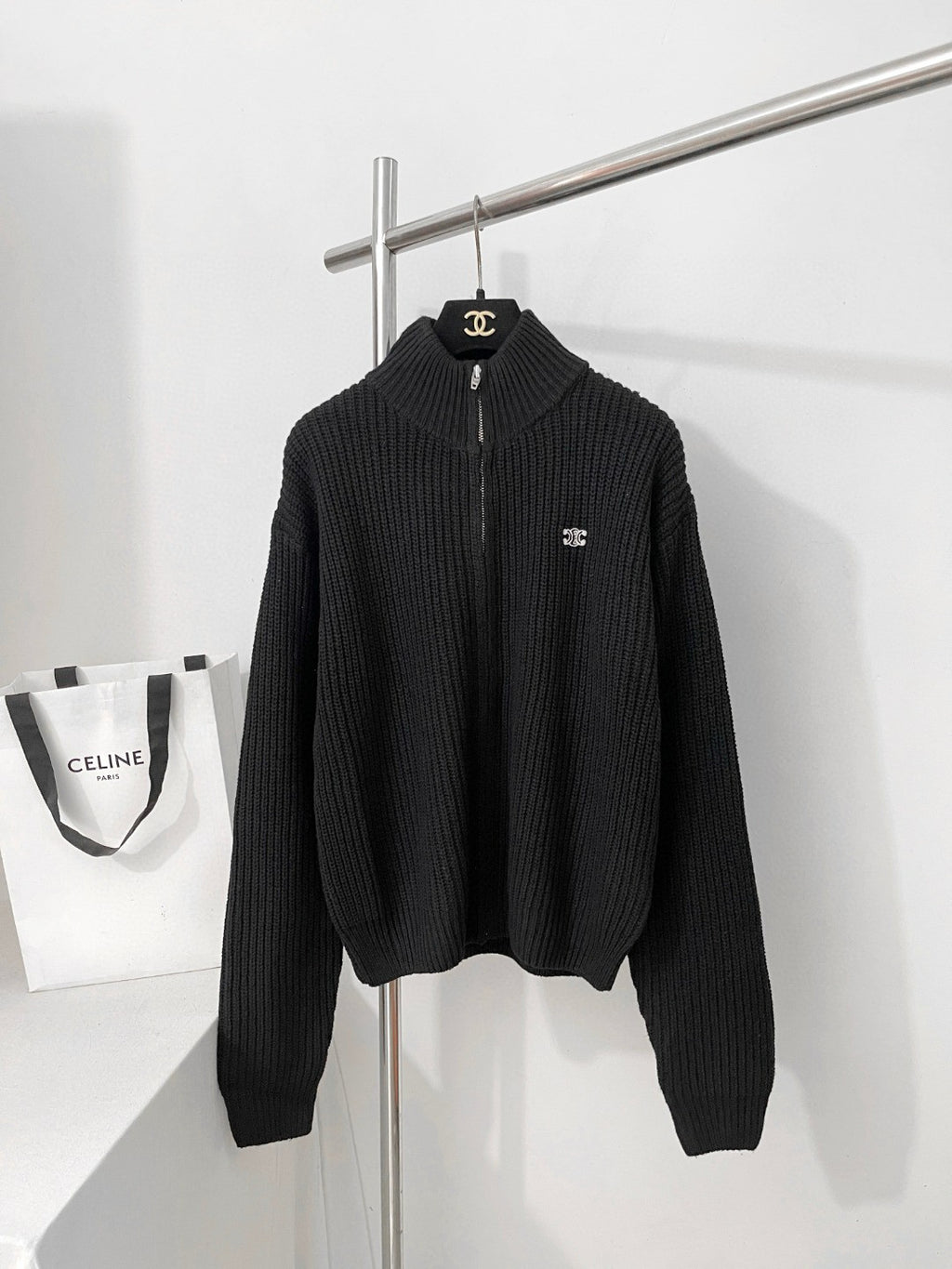 Celine TRIOMPHE Men's Spring/Autumn Solid Color Fashionable Casual Logo Embroidered Zipper Long Sleeve Wool Trucker Sweater Jacket #78242