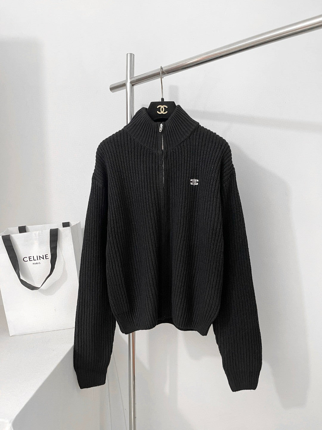 Celine TRIOMPHE Men's Spring/Autumn Solid Color Fashionable Casual Logo Embroidered Zipper Long Sleeve Wool Trucker Sweater Jacket #78242