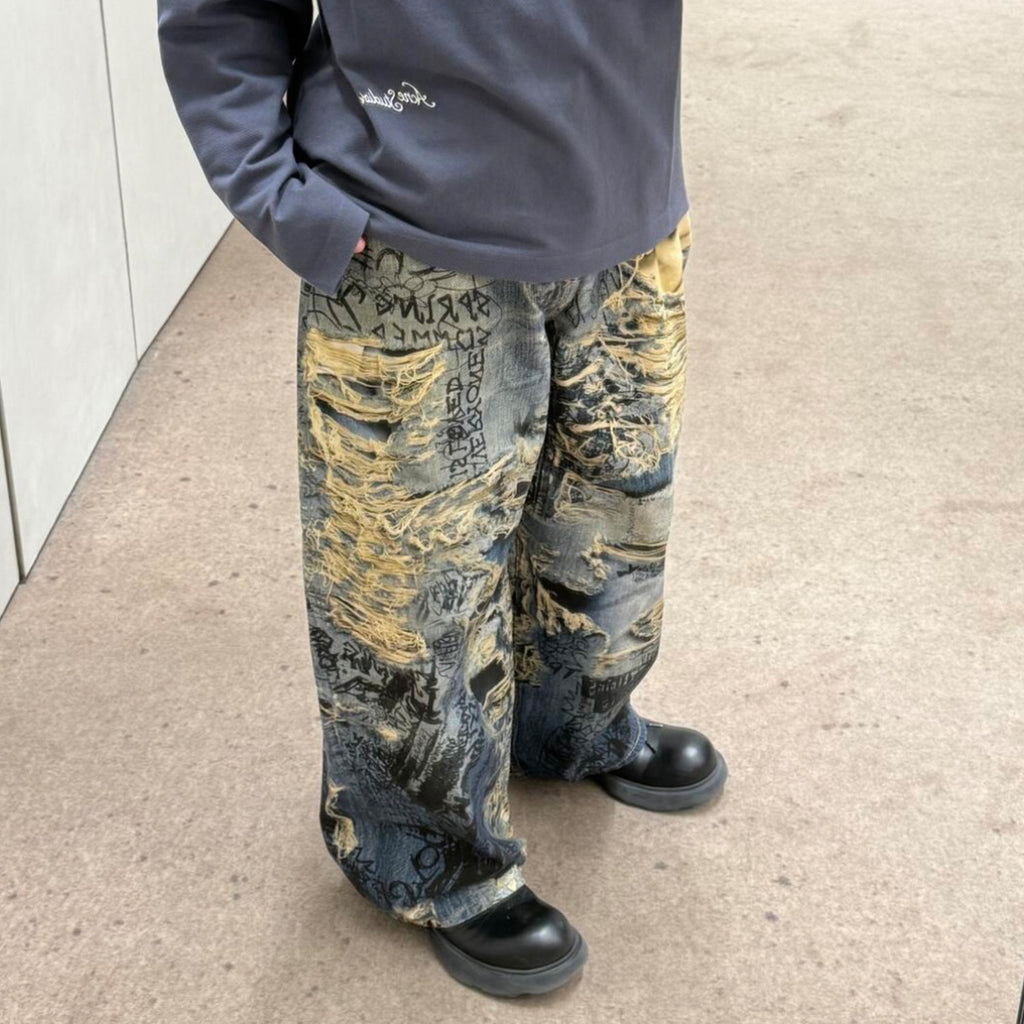 Acne Studios Men's Spring And Summer Ripped Graffiti Mise-en-scène Effect Print Denim Pants Super Loose Fit Jeans Fashion High Street Casual Blue Straight Trousers Ngvp #1186