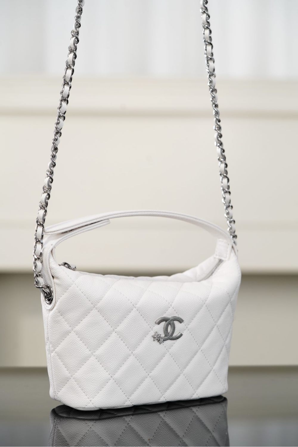 Chanel 25B Silver Buckle Star Double C Lunchbox Bag Single-Shoulder Crossbody Tote Hobo Bag Fashionable White Chain Handbag Bags #193527