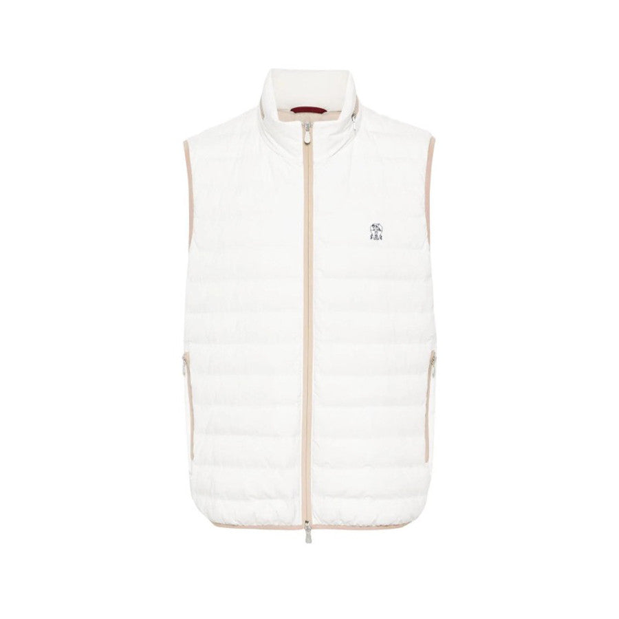 Brunello Cucinelli Men's Logo Embroidered High Neck Zipper Solid Color Fitted Straight Sleeveless Down Vest Ngvp #9665